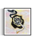 Framed artwork with a black and gold abstract swirls coming out of golden eye on a night sky over a pastel pink and yellow sky background