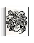 Framed black and white abstract artwork filled with eyes and whimsical linework patterns on a white background