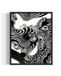 Framed black and white abstract artwork of flowing whimsical linework patterns coming out of eyes
