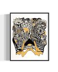 Framed abstract artwork with black, white, and gold designs coming out of two gold hands and fine linework on a white background