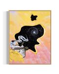 Framed abstract celestial artwork with a black cosmic space bubble, white swirl patterns, a silhouette, and yellow and pink pastel cloud background.