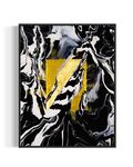 Abstract art piece with gold square and black, white, and gray abstract swirls and shapes