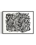 Framed black and white abstract geometric artwork with eyes, whimsical linework and botanicals on a white background