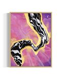 Framed artwork with abstract black and white fluid design on a pink and purple sky background with a moon and gold leaf rays