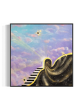 Framed artwork of a staircase leading to a star with light rays and a portal into space with a colorful blue and purple sky with clouds.