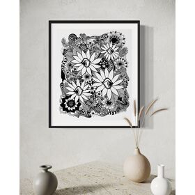 black and white abstract botanical artwork with eyes inside daisies and a whimsical fine linework background