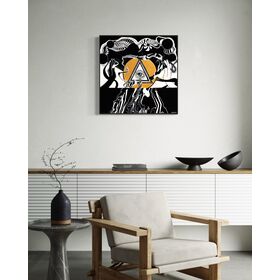 Spiritual abstract artwork with an eye inside a triangle inside a gold circle, with hands and psychedelic linework and patterns