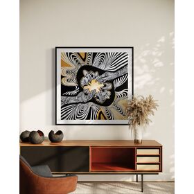 A framed giclée print featuring a abstract design with black and white hands touching and and an explosion of gold light, unravelling fine lines with black, white, gray, and yellow colors.