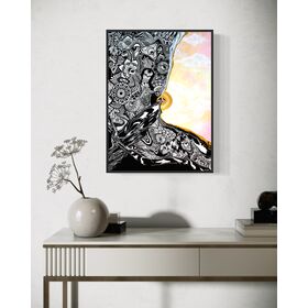 spiritual abstract artwork with an eye and half of a pink and yellow pastel sky, and half black and white abstract fine line patterns