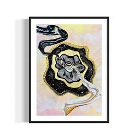 Framed artwork with a black and gold abstract swirls coming out of golden eye on a night sky over a pastel pink and yellow sky background