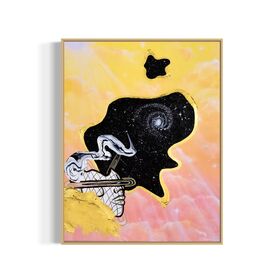 Framed abstract celestial artwork with a black cosmic space bubble, white swirl patterns, a silhouette, and yellow and pink pastel cloud background.