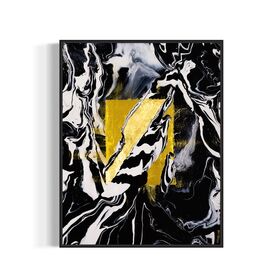 Abstract art piece with gold square and black, white, and gray abstract swirls and shapes