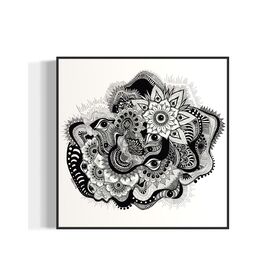 Framed black and white abstract art with eyes, mandalas, and fine line whimsical detail
