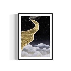 Framed dreamy artwork of a gold crescent moon and cloud against a starry night sky.