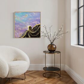 Framed artwork of a staircase leading to a star with light rays and a portal into space with a colorful blue and purple sky with clouds.