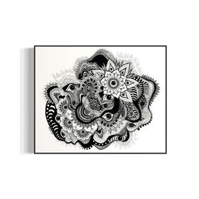 Framed black and white abstract art with eyes, mandalas, and fine line whimsical detail