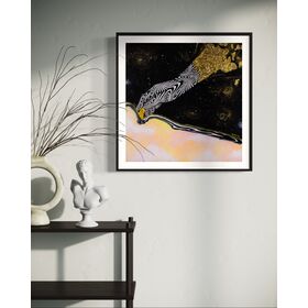 Framed artwork of an abstract black and white hand unzipping the universe on a space background with a pink sky and gold accents.