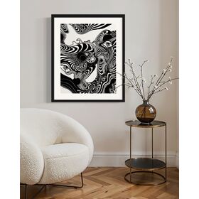 Framed black and white abstract artwork of flowing whimsical linework patterns coming out of eyes
