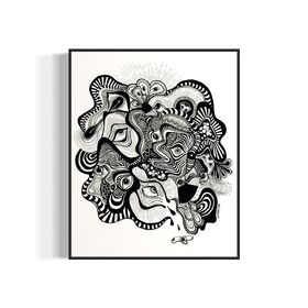 Framed black and white abstract artwork filled with eyes and whimsical linework patterns on a white background