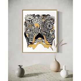 Framed abstract artwork with black, white, and gold designs coming out of two gold hands and fine linework on a white background