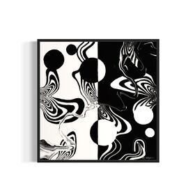 Abstract black and white artwork with swirling patterns, circle, and whimsical linework on a white background
