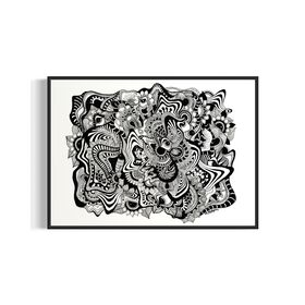 Framed black and white abstract geometric artwork with eyes, whimsical linework and botanicals on a white background