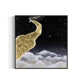 Framed dreamy artwork of a gold crescent moon and cloud against a starry night sky.
