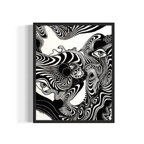 Framed black and white abstract artwork of flowing whimsical linework patterns coming out of eyes