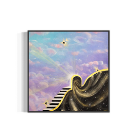Framed artwork of a staircase leading to a star with light rays and a portal into space with a colorful blue and purple sky with clouds.