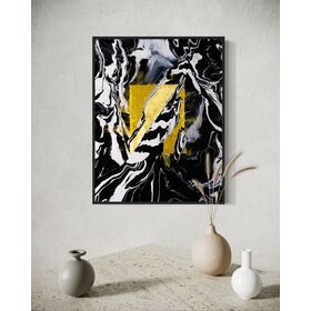 Abstract art piece with gold square and black, white, and gray abstract swirls and shapes