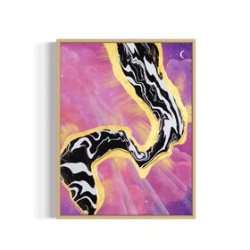 Framed artwork with abstract black and white fluid design on a pink and purple sky background with a moon and gold leaf rays