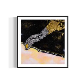 Framed artwork of an abstract black and white hand unzipping the universe on a space background with a pink sky and gold accents.