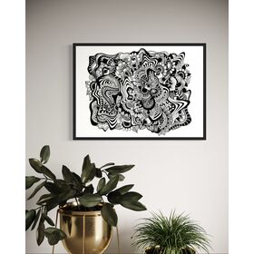 Framed black and white abstract geometric artwork with eyes, whimsical linework and botanicals on a white background