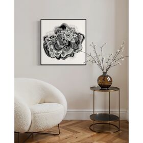 Framed black and white abstract art with eyes, mandalas, and fine line whimsical detail