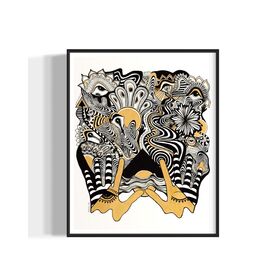 Framed abstract artwork with black, white, and gold designs coming out of two gold hands and fine linework on a white background