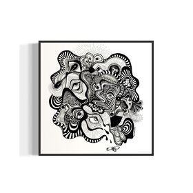 Framed black and white abstract artwork filled with eyes and whimsical linework patterns on a white background