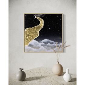 Framed dreamy artwork of a gold crescent moon and cloud against a starry night sky.