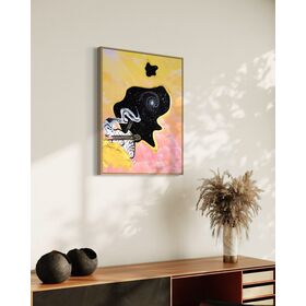 Framed abstract celestial artwork with a black cosmic space bubble, white swirl patterns, a silhouette, and yellow and pink pastel cloud background.