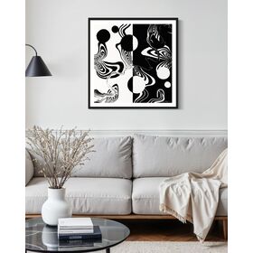 Abstract black and white artwork with swirling patterns, circle, and whimsical linework on a white background