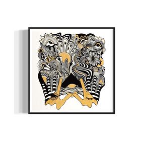 Framed abstract artwork with black, white, and gold designs coming out of two gold hands and fine linework on a white background