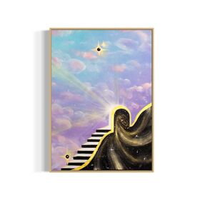 Framed artwork of a staircase leading to a star with light rays and a portal into space with a colorful blue and purple sky with clouds.