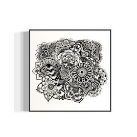 Framed black and white abstract art with eyes, mandalas, and fine line whimsical detail