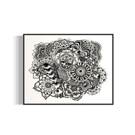 Framed black and white abstract art with eyes, mandalas, and fine line whimsical detail