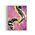 Framed artwork with abstract black and white fluid design on a pink and purple sky background with a moon and gold leaf rays