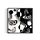 Abstract black and white artwork with swirling patterns, circle, and whimsical linework on a white background