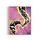 Framed artwork with abstract black and white fluid design on a pink and purple sky background with a moon and gold leaf rays