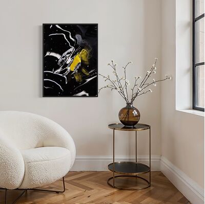 Abstract artwork with a gold acrylic sun and abstract moon on a black starry night silver and black background