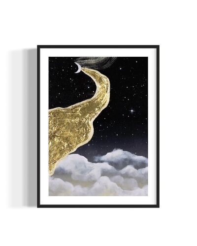 Framed dreamy artwork of a gold crescent moon and cloud against a starry night sky.
