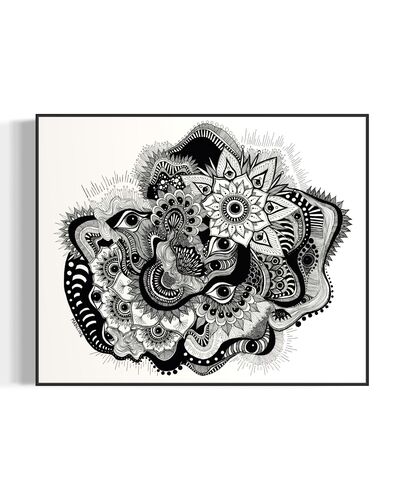 Framed black and white abstract art with eyes, mandalas, and fine line whimsical detail