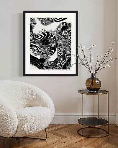 Framed black and white abstract artwork of flowing whimsical linework patterns coming out of eyes